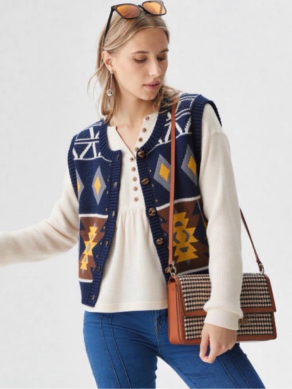 Very J Navy Geometric Knit Button Vest with Mustard & Cream Accents